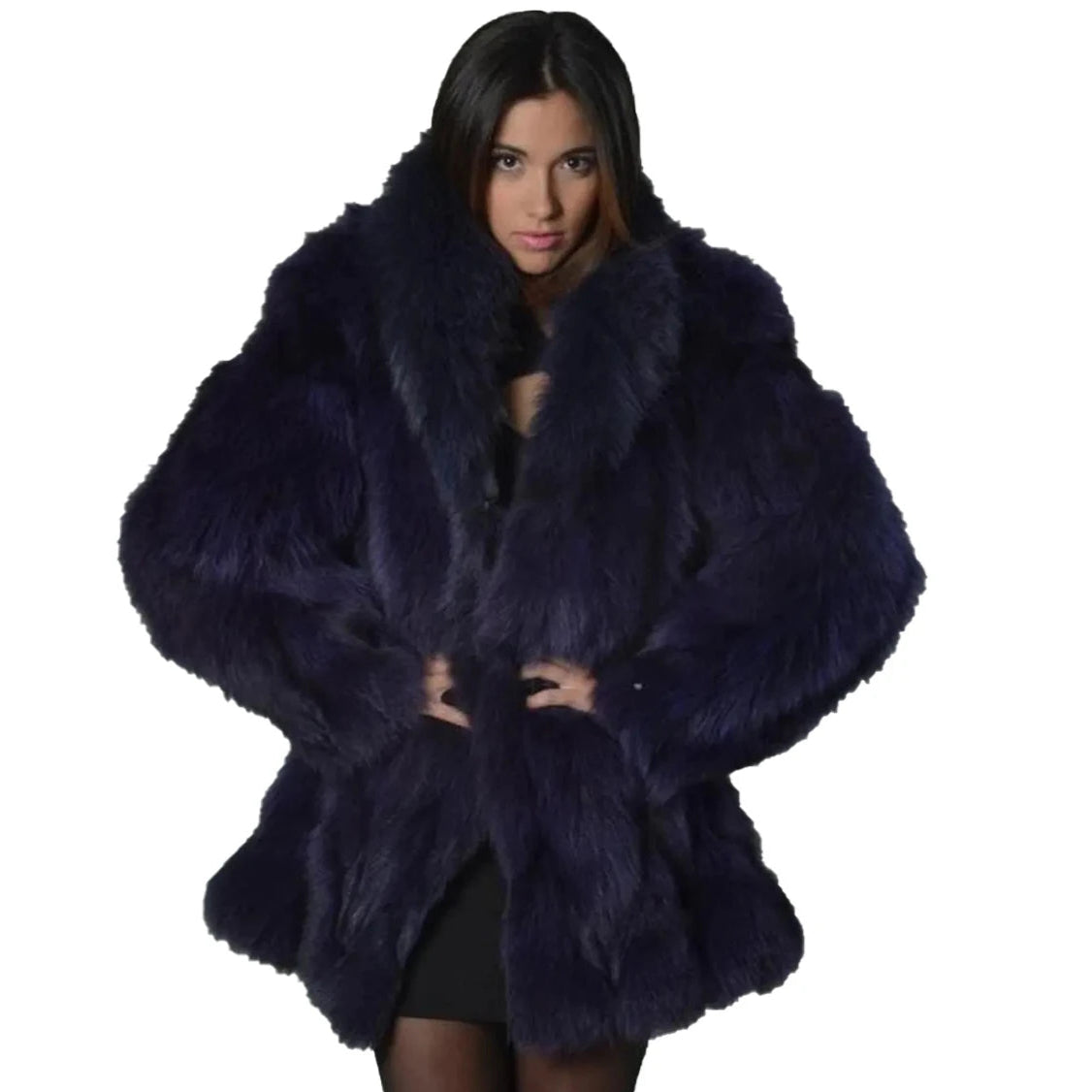 Woman wearing a dark blue fur coat on a white background