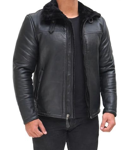 Ryan Black Real Leather Mens Shearling Bomber Jacket