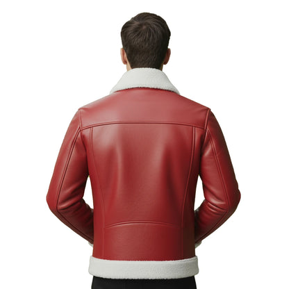 Red leather jacket with white fur lining worn by a person on a white background