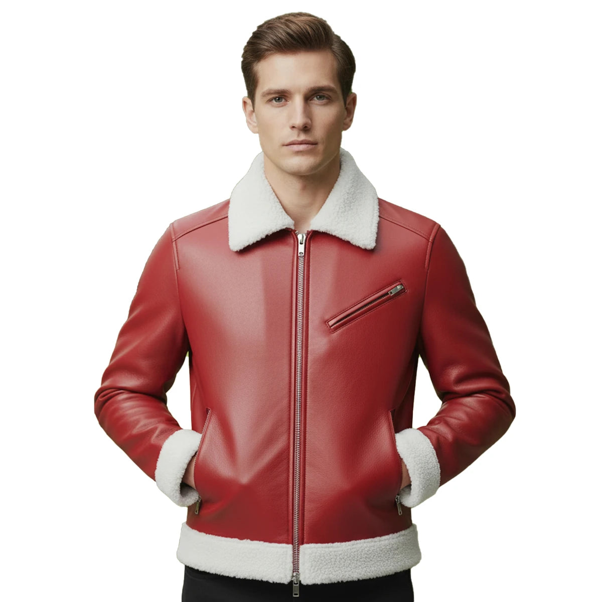 Man wearing a red leather jacket with white fur trim on a white background