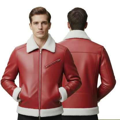 Red leather jacket with white fur lining worn by a model on a white background