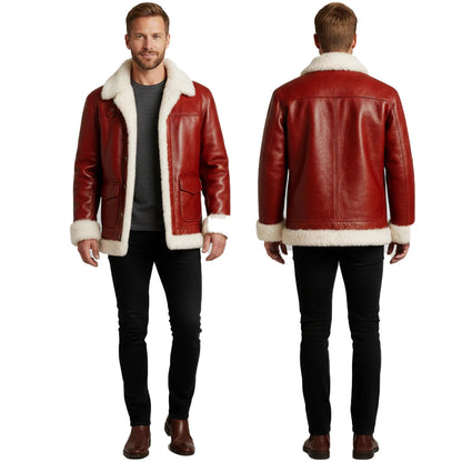Red Leather Santa Jacket | Faux Fur Trim Christmas Coat