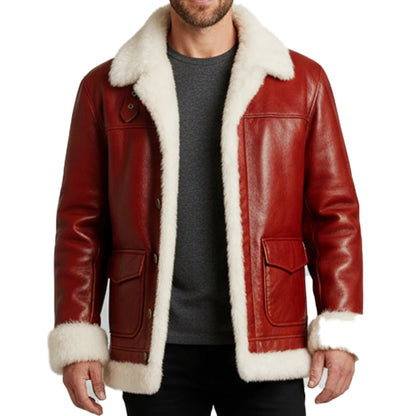 Red Leather Santa Jacket | Faux Fur Trim Christmas Coat