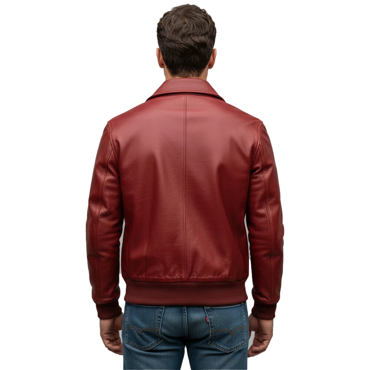 Man wearing a red leather jacket on a white background