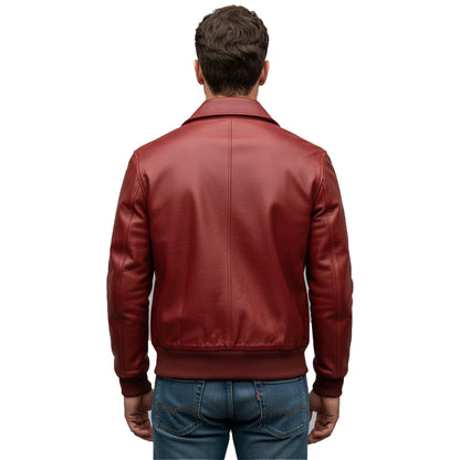 Man wearing a red leather jacket on a white background