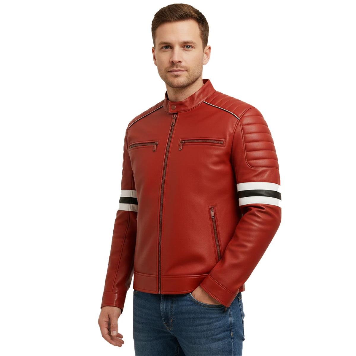 Man wearing a red leather jacket with white stripes on a white background