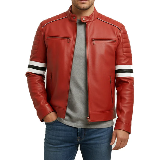 Red leather jacket with white stripes on sleeves worn by a person on a white background