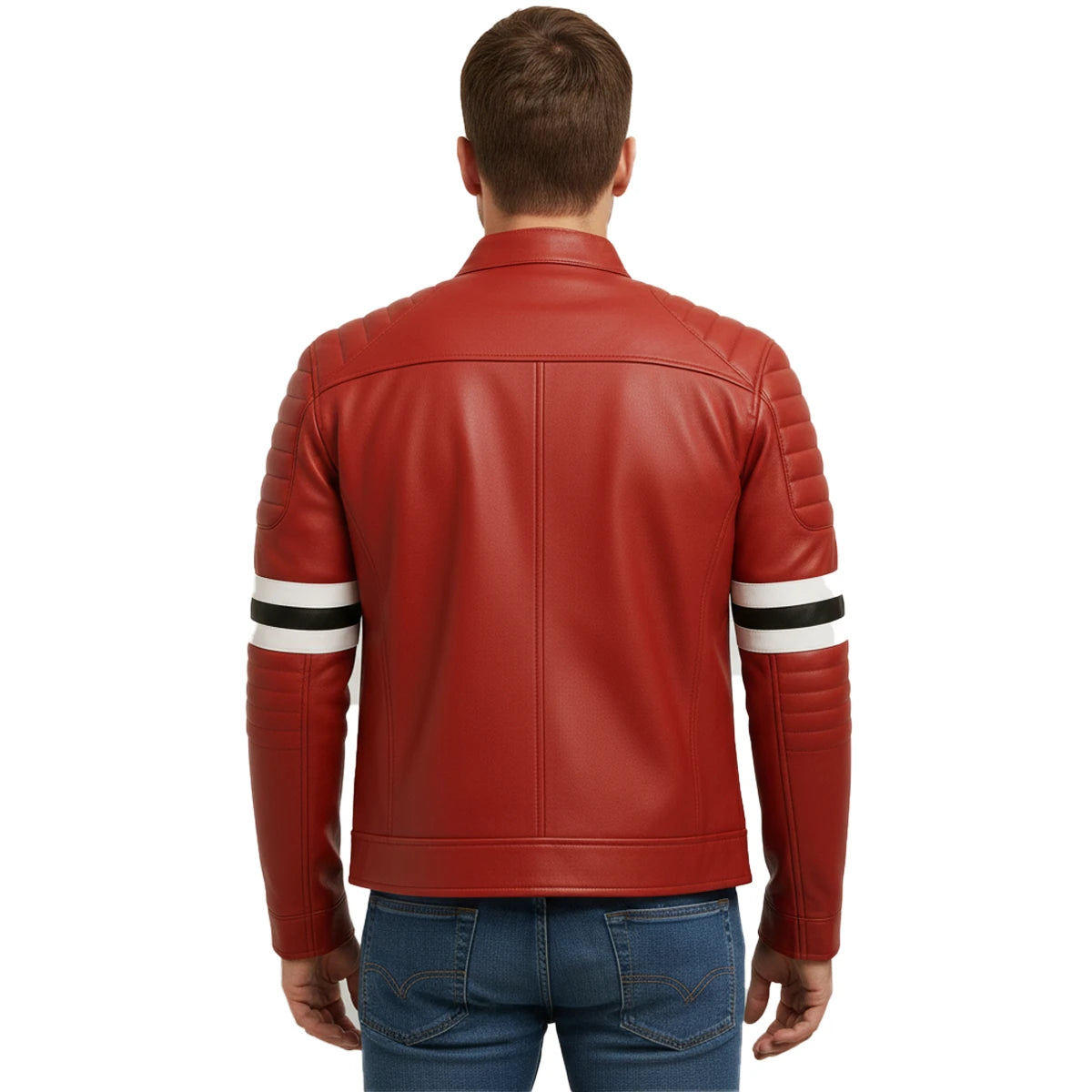 Red leather jacket with white and black accents on a white background