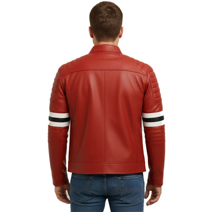 Red leather jacket with white and black accents on a white background