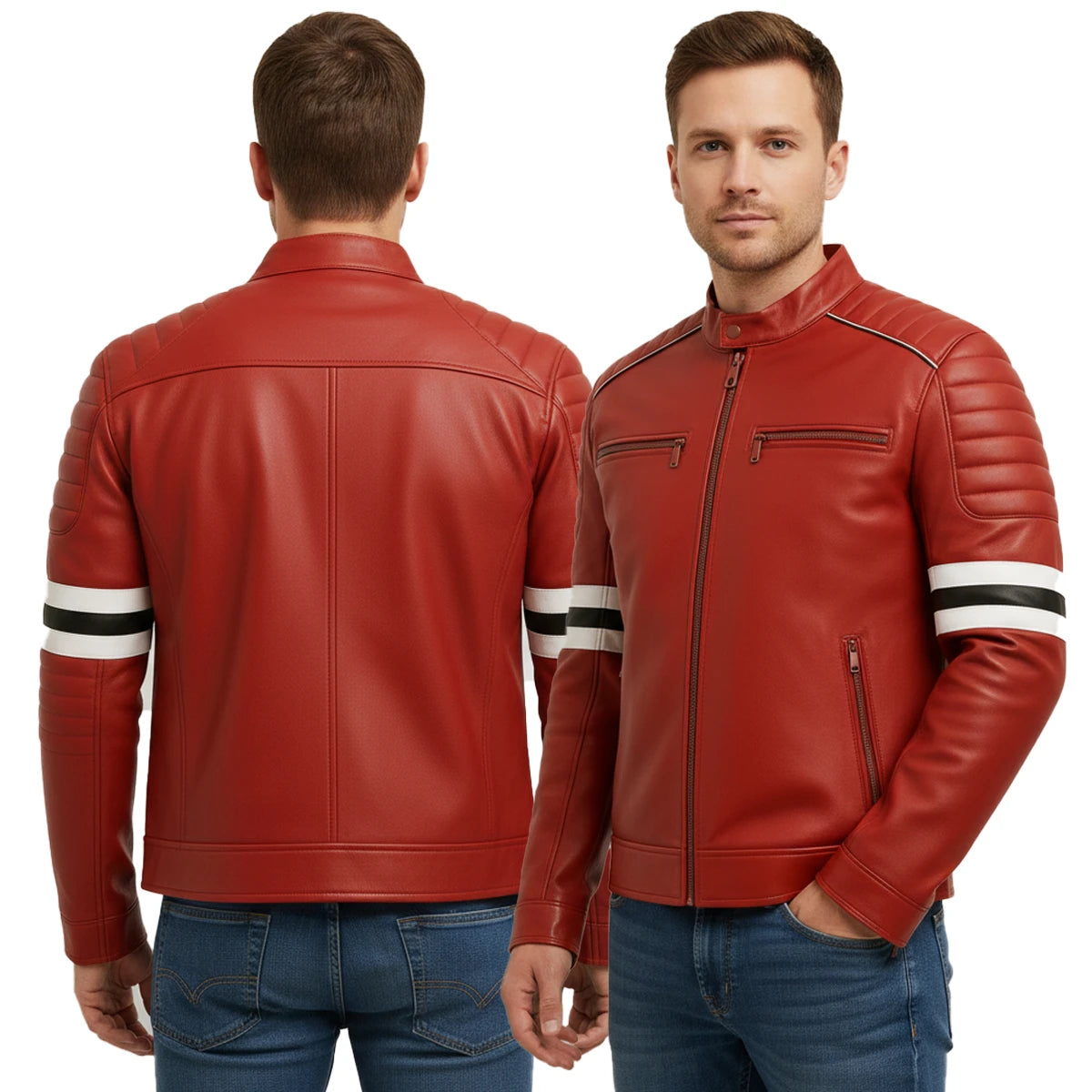 Red leather jacket with white stripes on sleeves, shown from front and back on a white background.