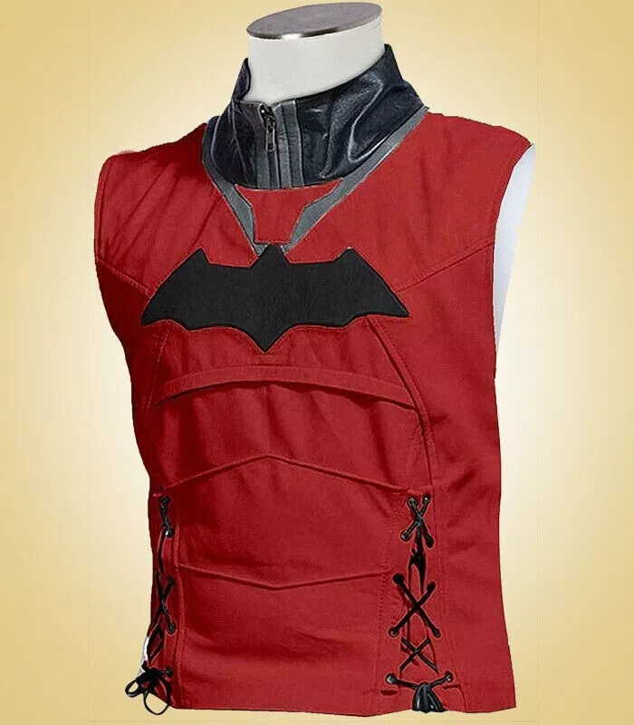 RED & BLACK HOOD LEATHER JACKET & VEST BATMAN ARKHAM KNIGHT GAME COSTUME