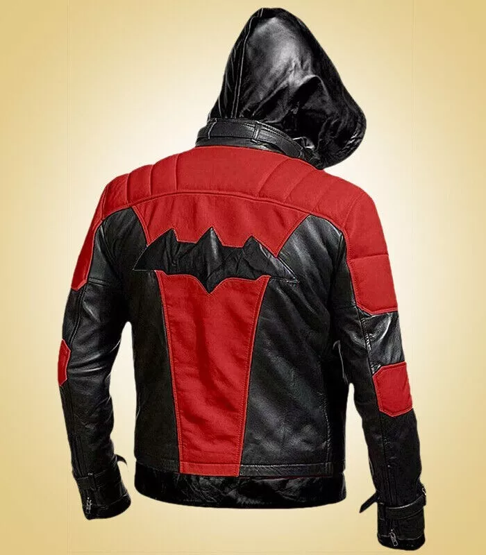 RED & BLACK HOOD LEATHER JACKET & VEST BATMAN ARKHAM KNIGHT GAME COSTUME