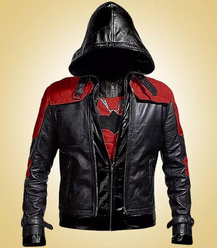 RED & BLACK HOOD LEATHER JACKET & VEST BATMAN ARKHAM KNIGHT GAME COSTUME