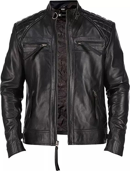 Classic Diamond Men's Café Racer Vintage Distressed Black Moto Leather Jacket