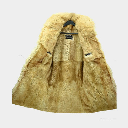 vin diesel xxx coat inside lining Beige fur vest on a hanger with a white background