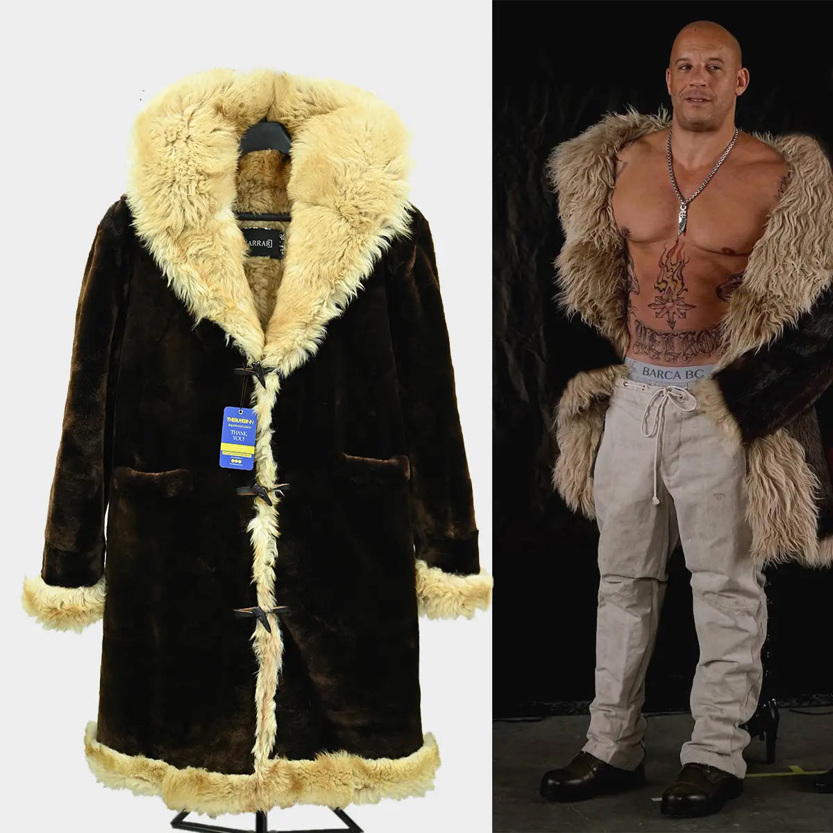 Brown fur coat with beige trim on a mannequin and a person wearing the coat.