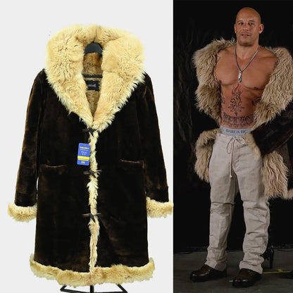 Brown fur coat with beige trim on a mannequin and a person wearing the coat.