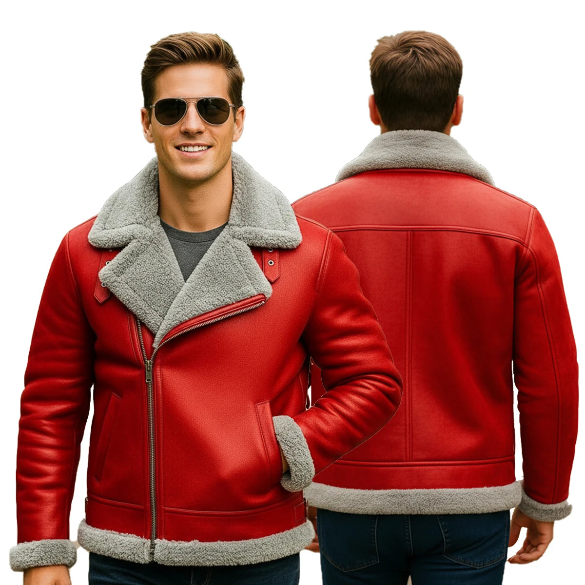 Santa Red Leather Aviator Jacket – Shearling Bomber Coat
