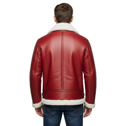 Red leather jacket with white fur trim on a white background
