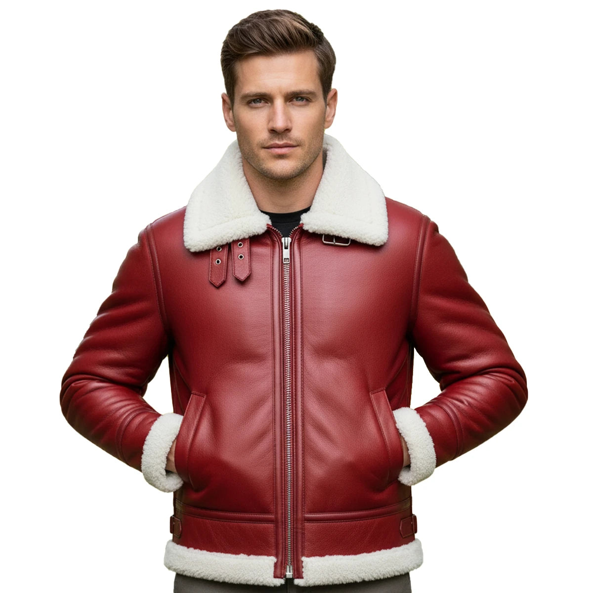 Man wearing a red leather jacket with white fur trim on a white background
