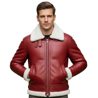 Man wearing a red leather jacket with white fur trim on a white background