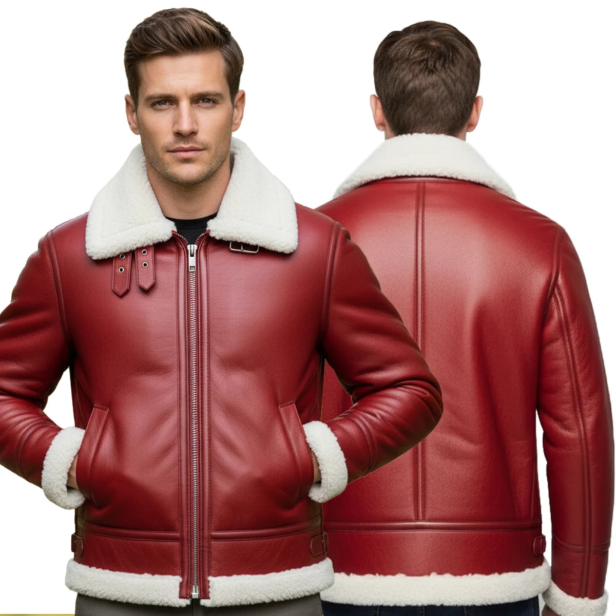 Red leather jacket with white fur lining worn by a man, shown from front and back on a white background.