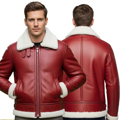 Red leather jacket with white fur lining worn by a man, shown from front and back on a white background.