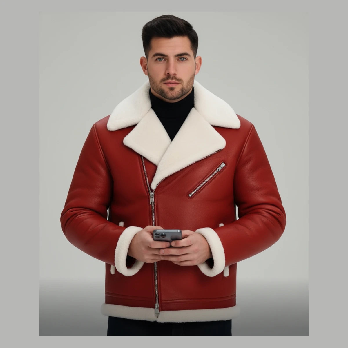 Man wearing a red leather jacket with white fur trim on a gray background