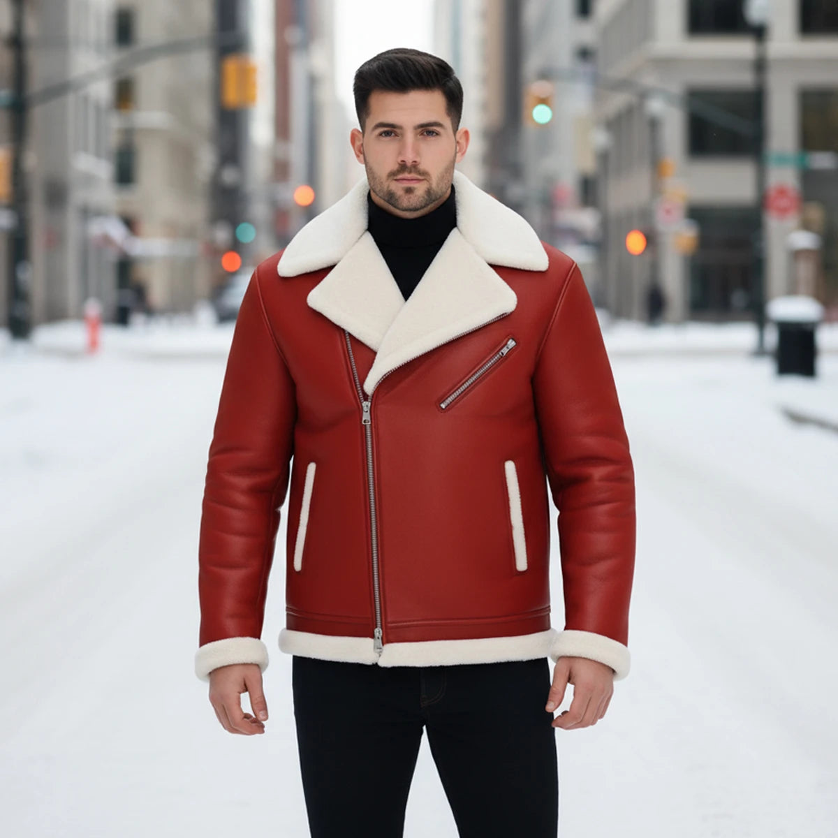 Man wearing a red leather jacket with white fur collar on a snowy street.