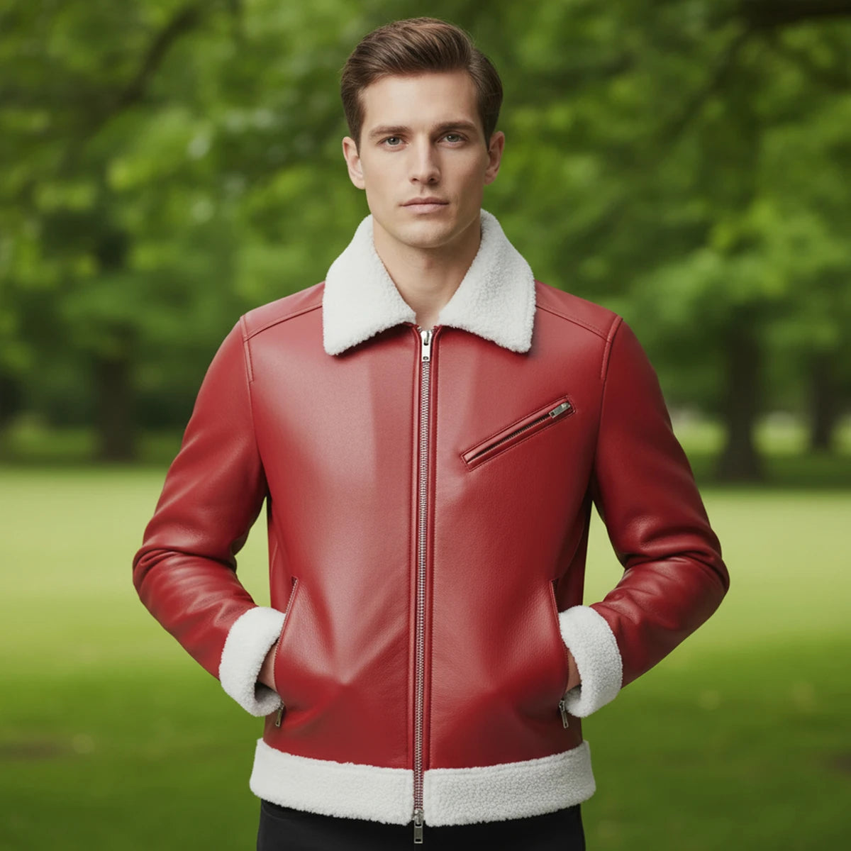 Man wearing a red leather jacket with white fur trim standing in a park.