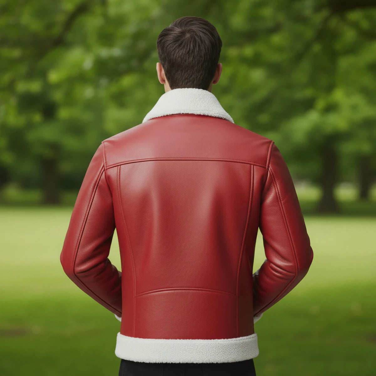 Person wearing a red leather jacket with white fur collar in a park setting