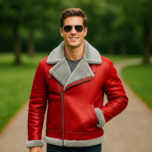 Santa Red Leather Aviator Jacket – Shearling Bomber Coat