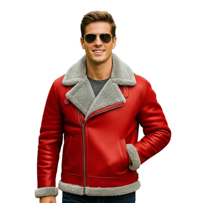Santa Red Leather Aviator Jacket – Shearling Bomber Coat