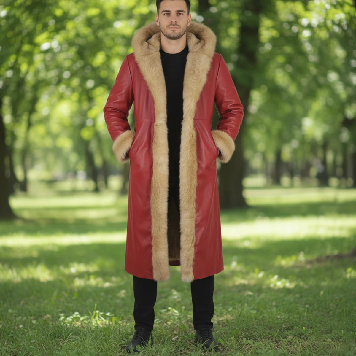 Man wearing a red leather coat with fur trim standing in a park.