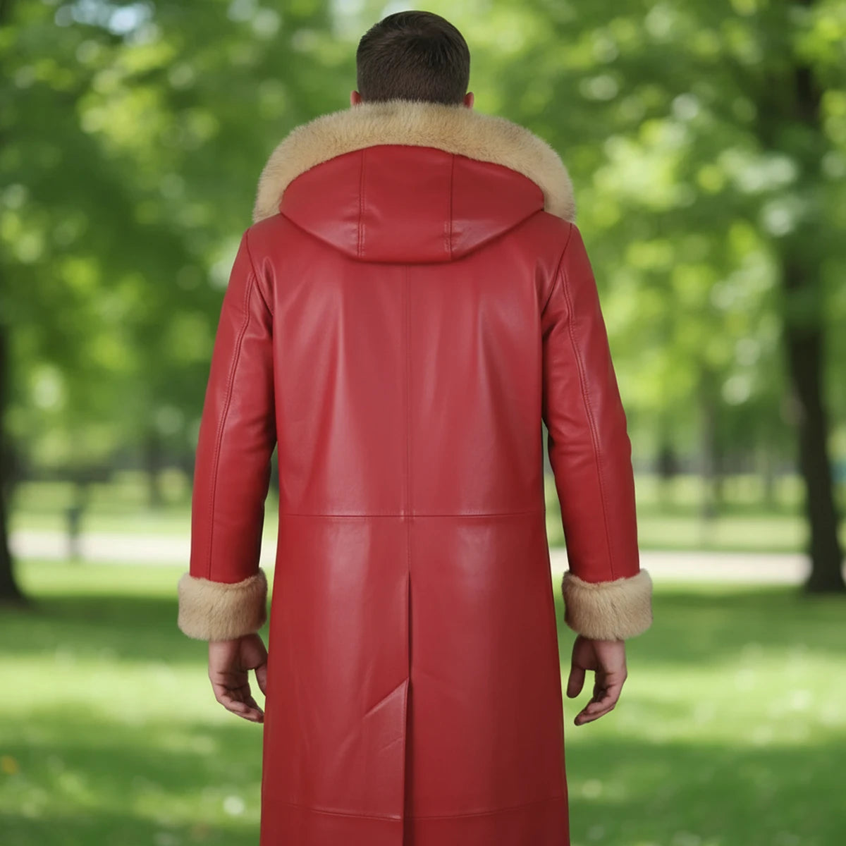 Person wearing a red leather coat with fur trim standing in a park.