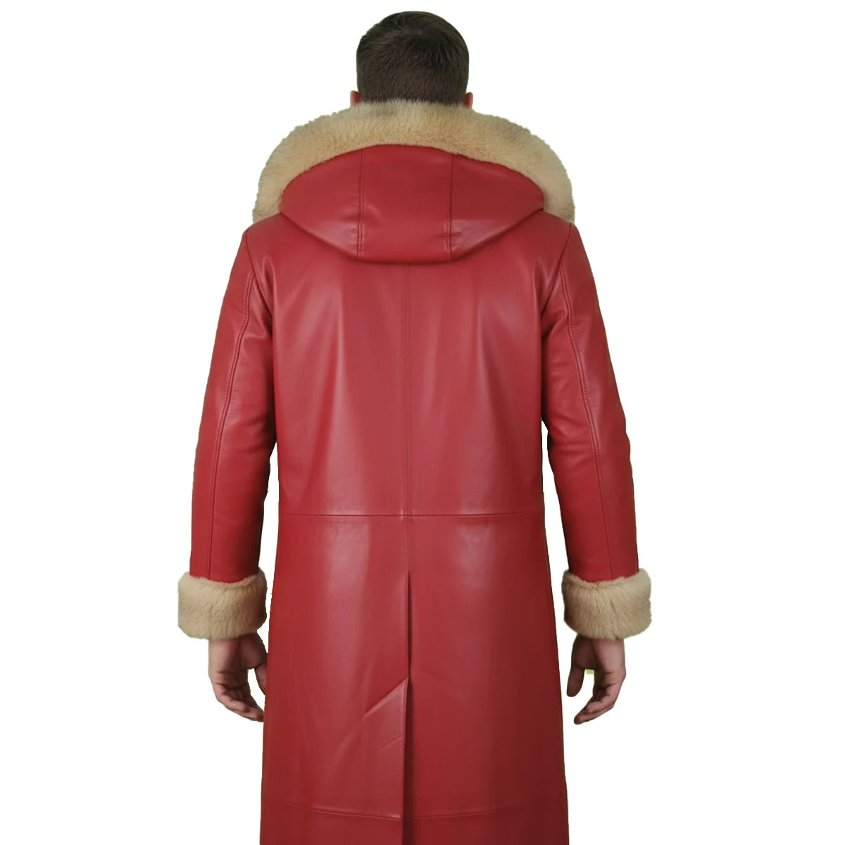 Red leather coat with beige fur trim on a white background