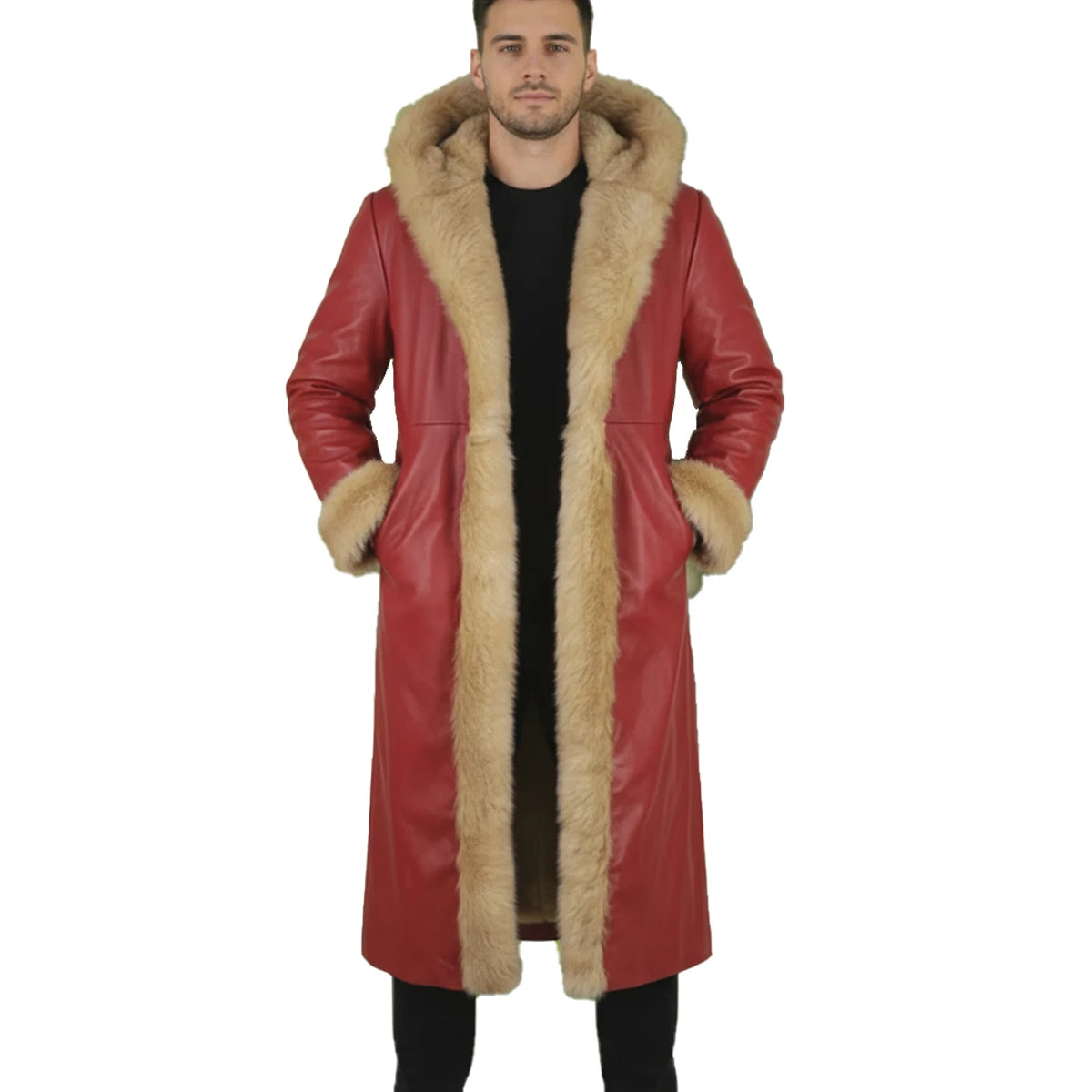 Red leather coat with beige fur trim worn by a person on a white background