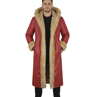 Red leather coat with beige fur trim worn by a person on a white background