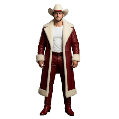 Man wearing a red leather outfit with a white cowboy hat on a white background