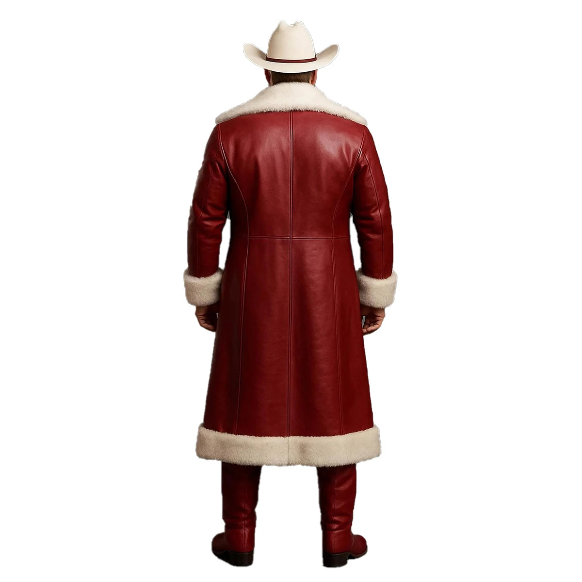 Red leather coat with white fur trim worn by a person on a white background