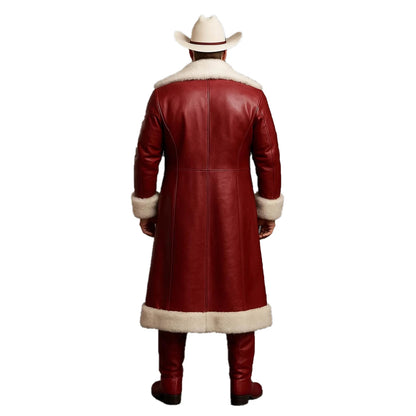 Red leather coat with white fur trim worn by a person on a white background