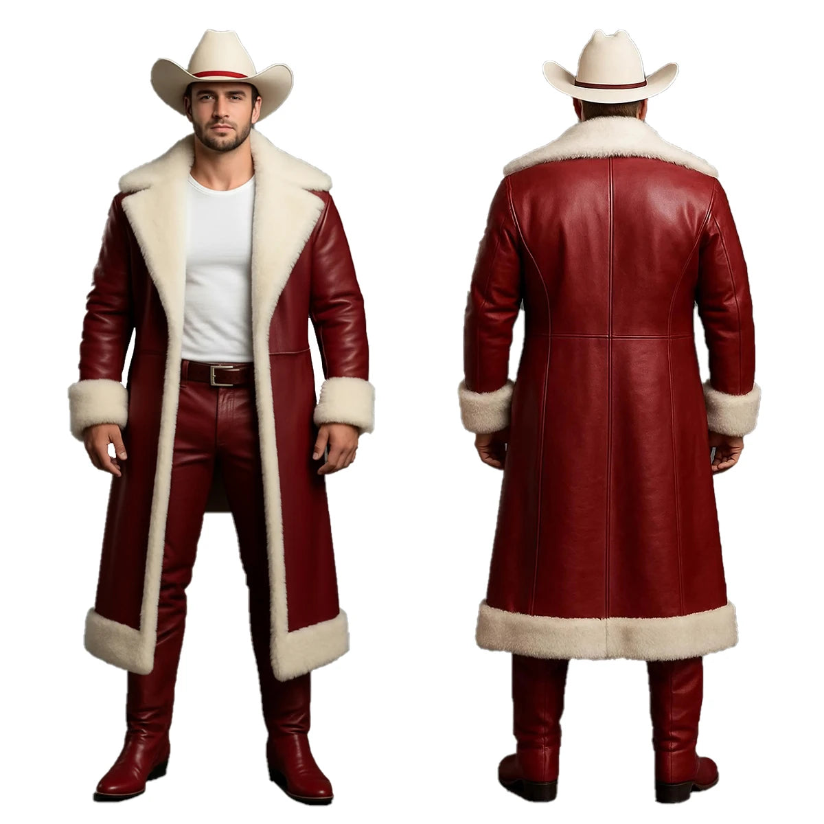 Red leather coat with white fur trim worn by a person, shown from front and back on a white background.