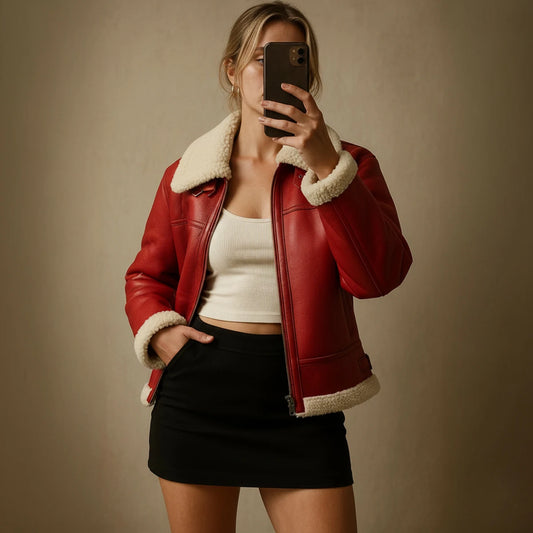 Person wearing a red jacket with white fur lining, taking a mirror selfie.