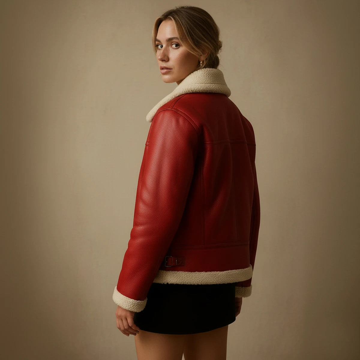 Woman wearing a red leather jacket with white fur lining on a beige background