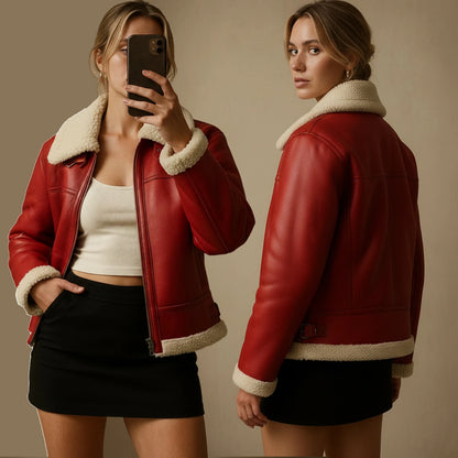 Woman wearing a red leather jacket with white fur lining, front and back views.