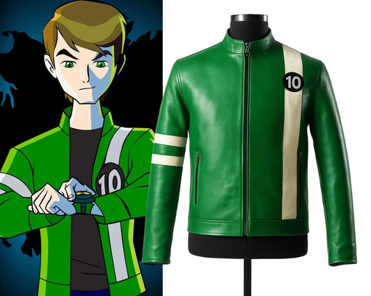 Green leather jacket with number 10 on a mannequin next to an animated character wearing a similar jacket.